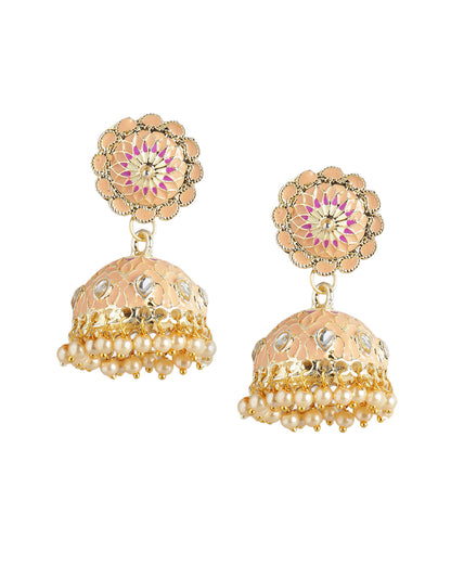 Gold Plated Kundan and Pearl Peach Enamel Dome Jhumka Earring