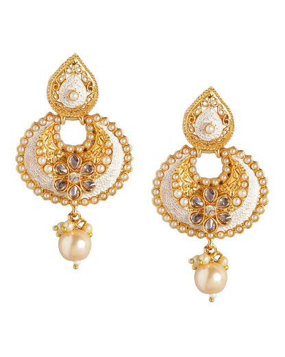 Gold Plated Kundan Teardrop &amp; Filigree Dangler Jhumka Earrings with Pearl Drop
