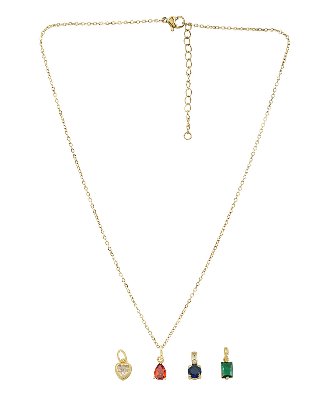 18kt Gold Plated CZ-Heart-Teardrop-Baguette &amp; Round Interchangeable Solitaire Pendant with Chain Necklace