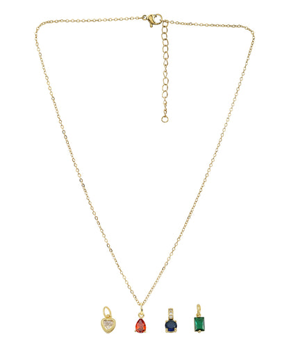 18kt Gold Plated CZ-Heart-Teardrop-Baguette &amp; Round Interchangeable Solitaire Pendant with Chain Necklace