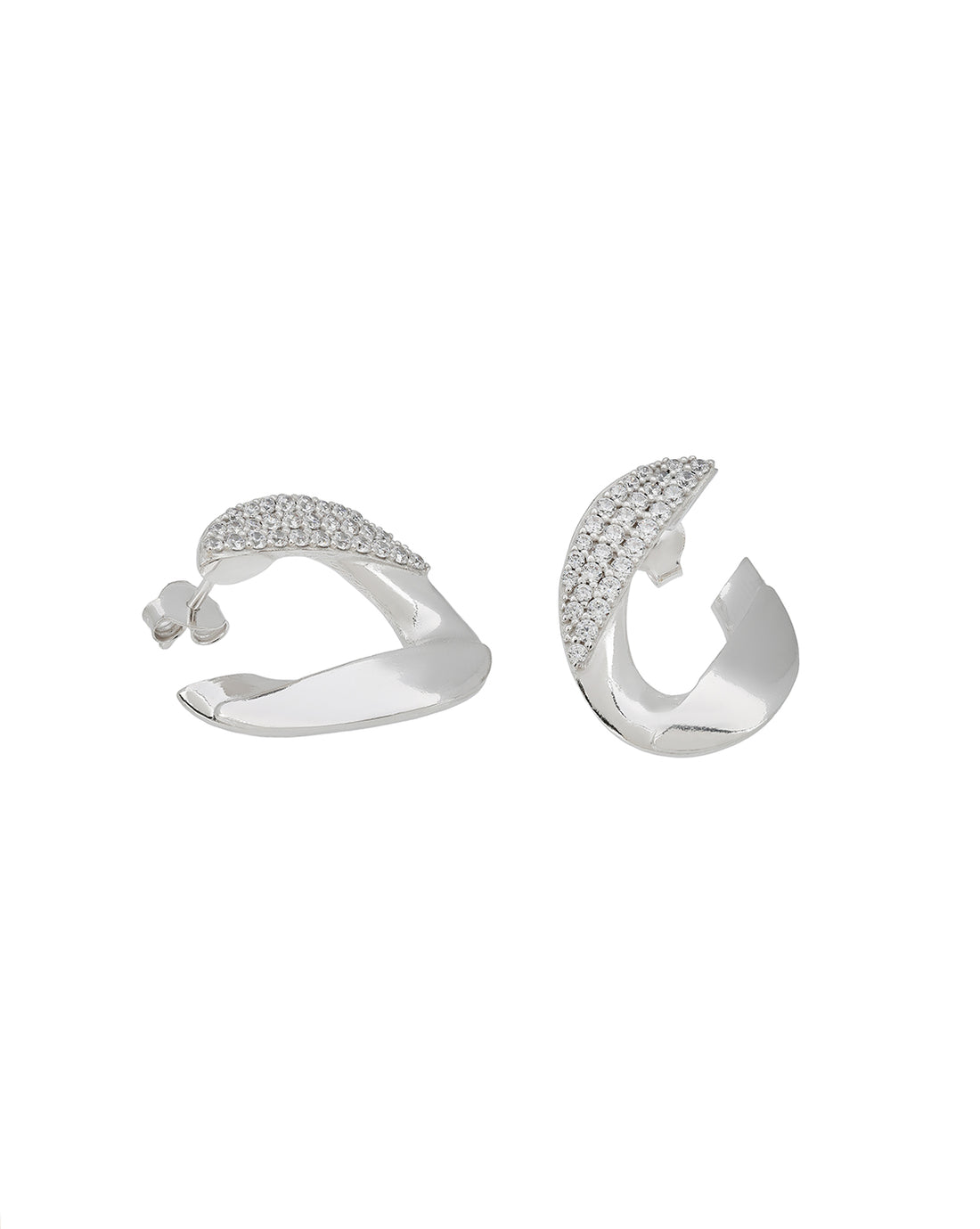 Rhodium-Plated CZ-Studded Chunky Half Hoop Earrings