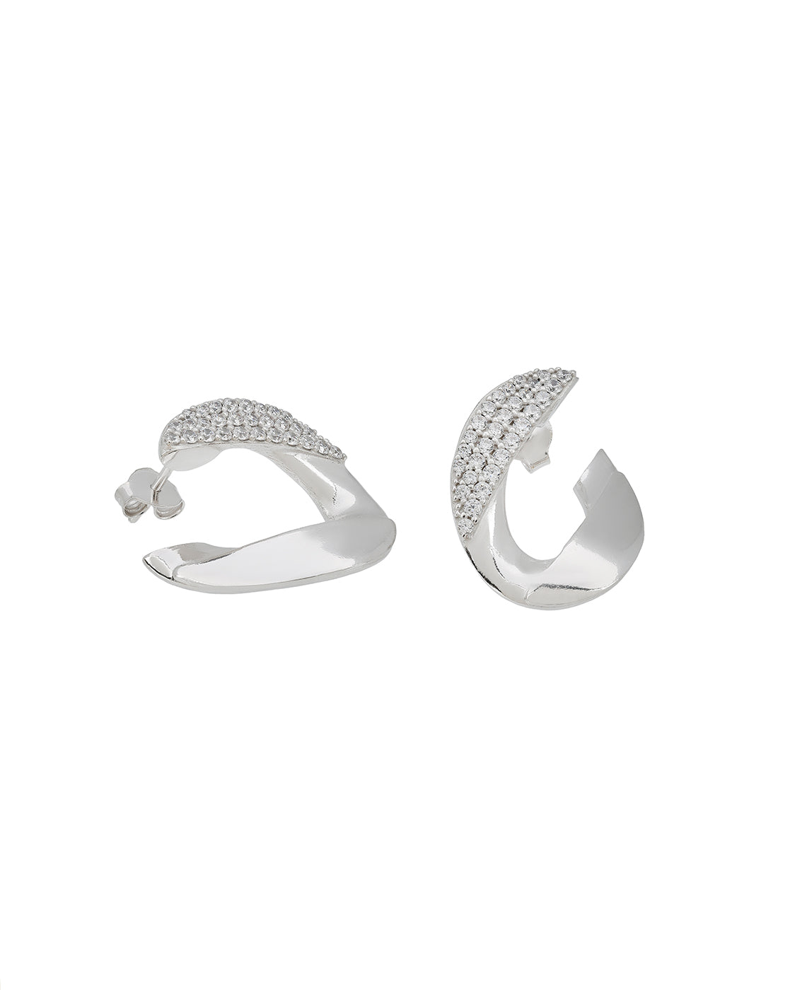 Rhodium-Plated CZ-Studded Chunky Half Hoop Earrings