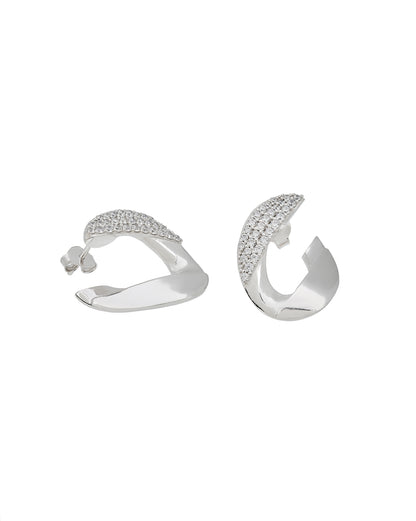 Rhodium-Plated CZ-Studded Chunky Half Hoop Earrings