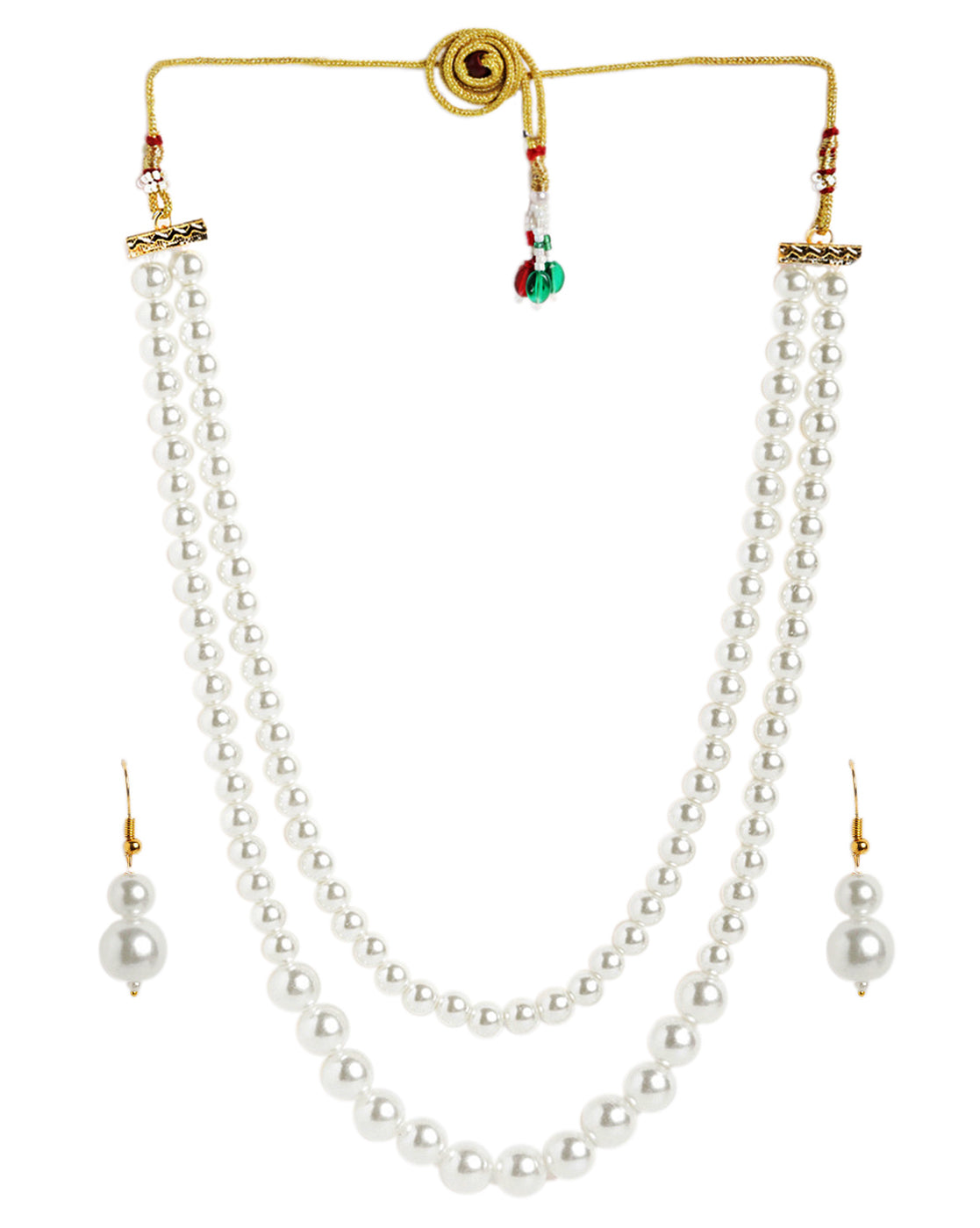 Gold Plated Double Strand Graduating Pearl Long Necklace with Earring Set