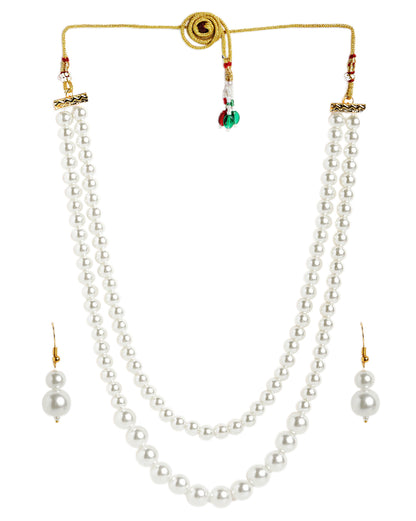 Gold Plated Double Strand Graduating Pearl Long Necklace with Earring Set