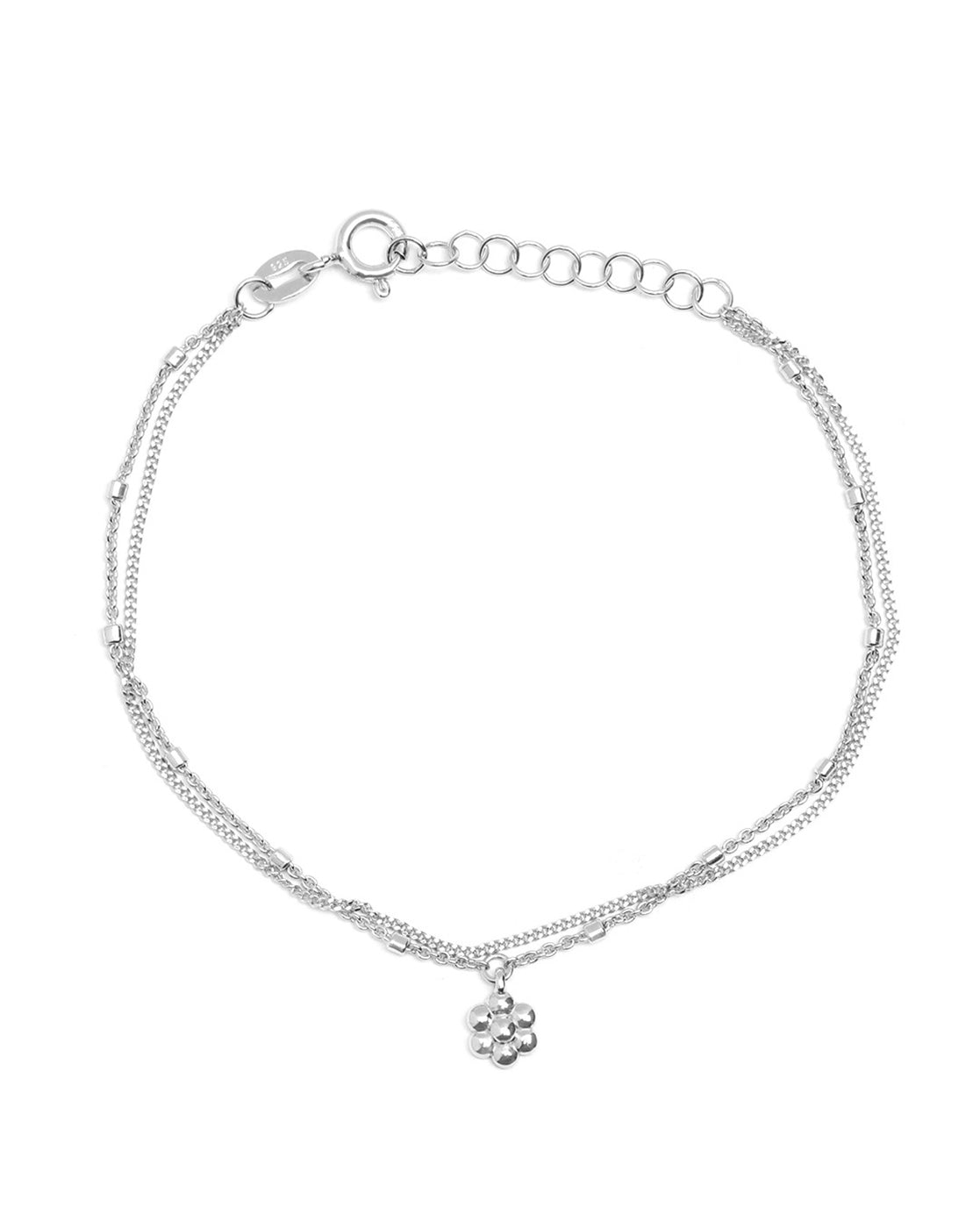 925 Sterling Silver Rhodium Plated Double Layered Floral Charm Bracelet