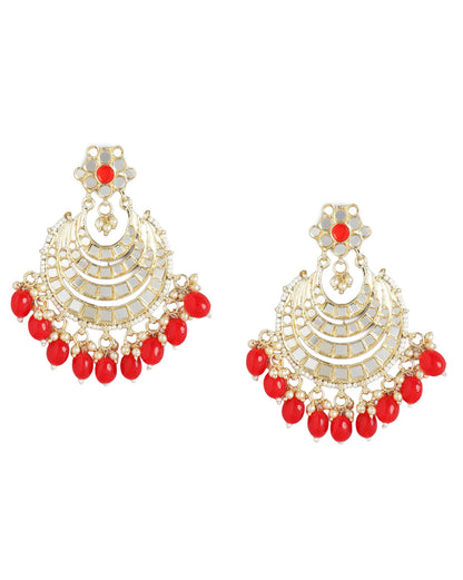 Gold Plated Mirror-Detail Layered Chandbali Earrings with Red Bead Drops