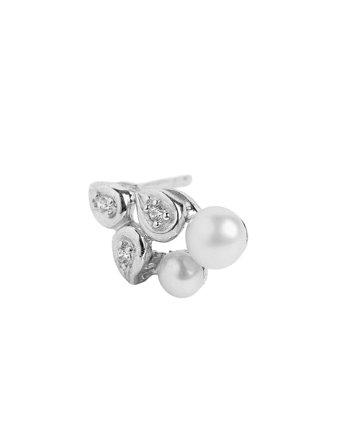 925 Sterling Silver Rhodium Plated CZ and Pearl Contemporary Mini Stud Earring