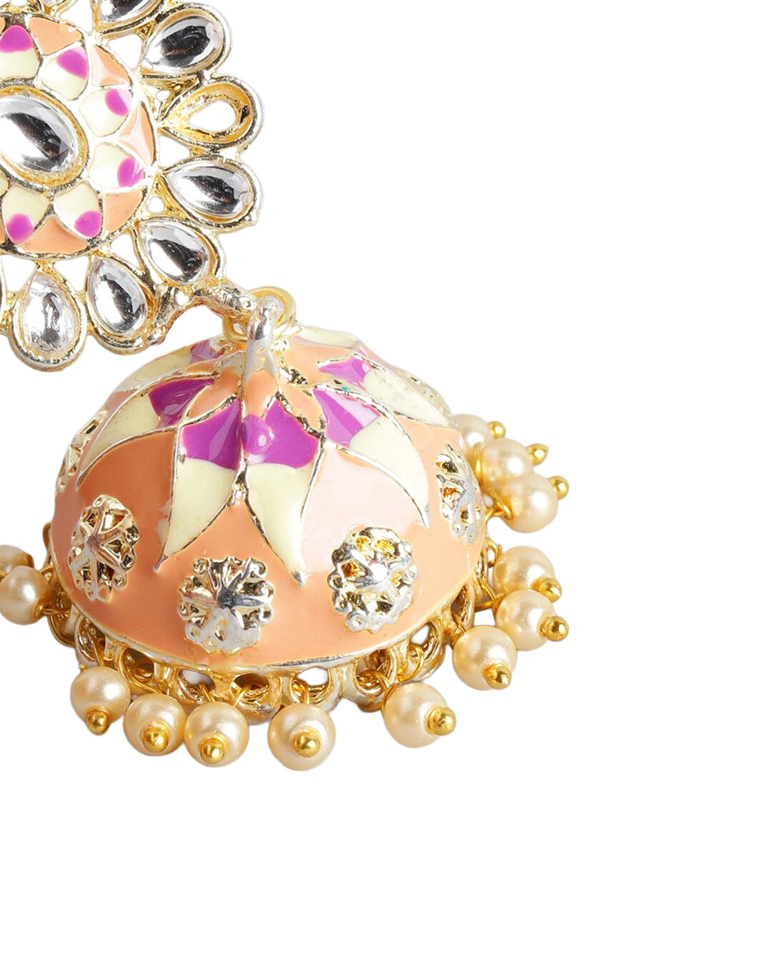 Gold Plated Kundan Medallion Jhumka Earrings with Peach Meenakari Dome &amp; Pearl Drops