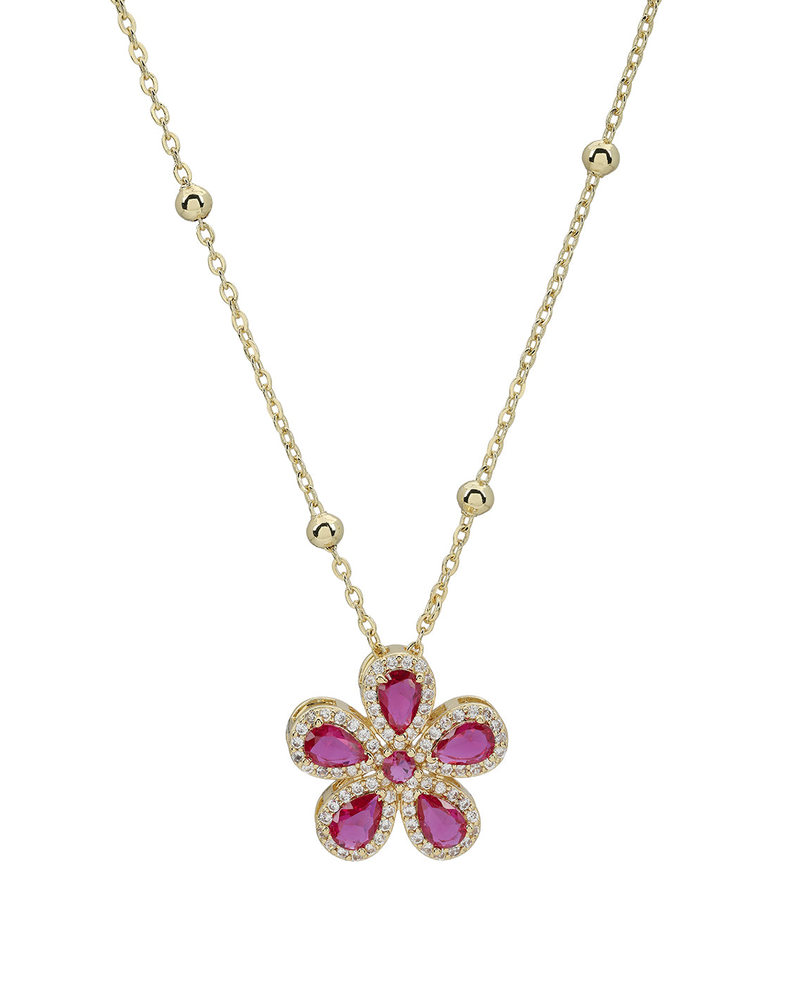 Gold Plated Designer Ruby Red Flower with CZ Pendant and Chain