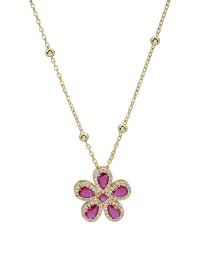 Gold Plated Designer Ruby Red Flower with CZ Pendant and Chain