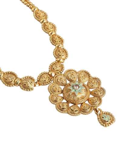 Gold Plated Traditional Enamel Floral Necklace &amp; Earrings Set