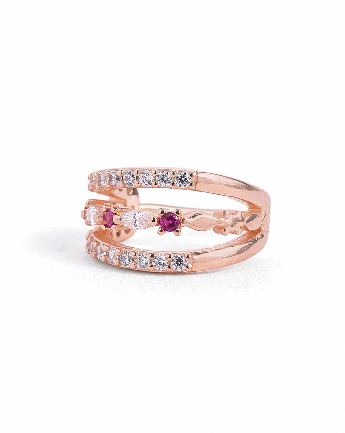 18kt Rose Gold Plated Ruby Studded Triple Band Layered Half Hoop Earring