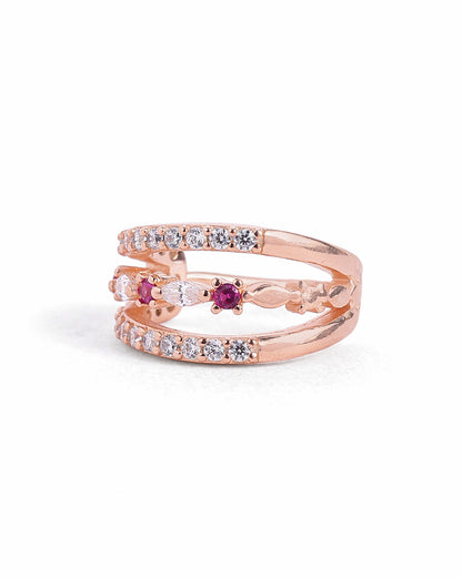 18kt Rose Gold Plated Ruby Studded Triple Band Layered Half Hoop Earring
