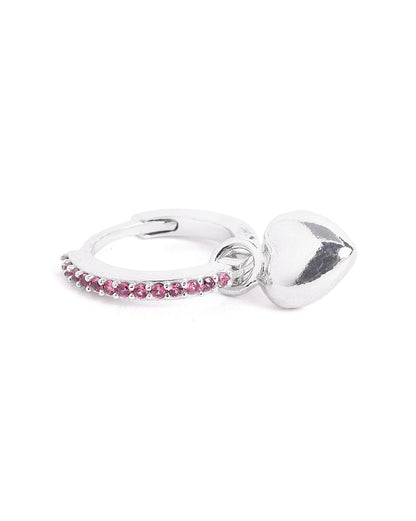 Rhodium Plated Ruby Red Studded Dangling Puffed Heart Mini Hoop Earring