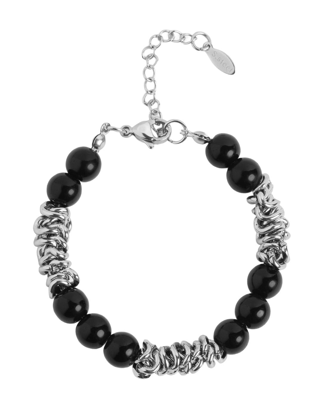 Men Silver Plate  Black Onyx  Bead  Adjustable Bracelet