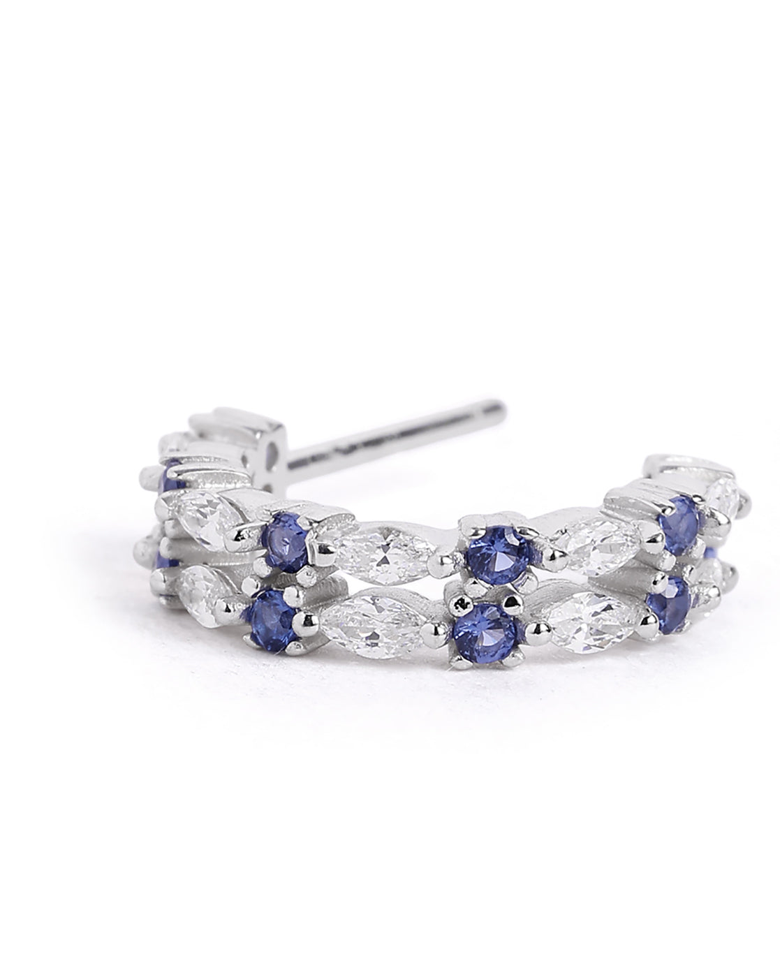 Rhodium Plated Blue Sapphire Studded Double Band Half Hoop Earring