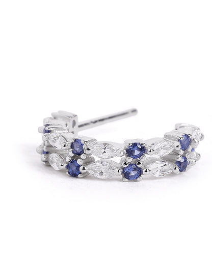 Rhodium Plated Blue Sapphire Studded Double Band Half Hoop Earring