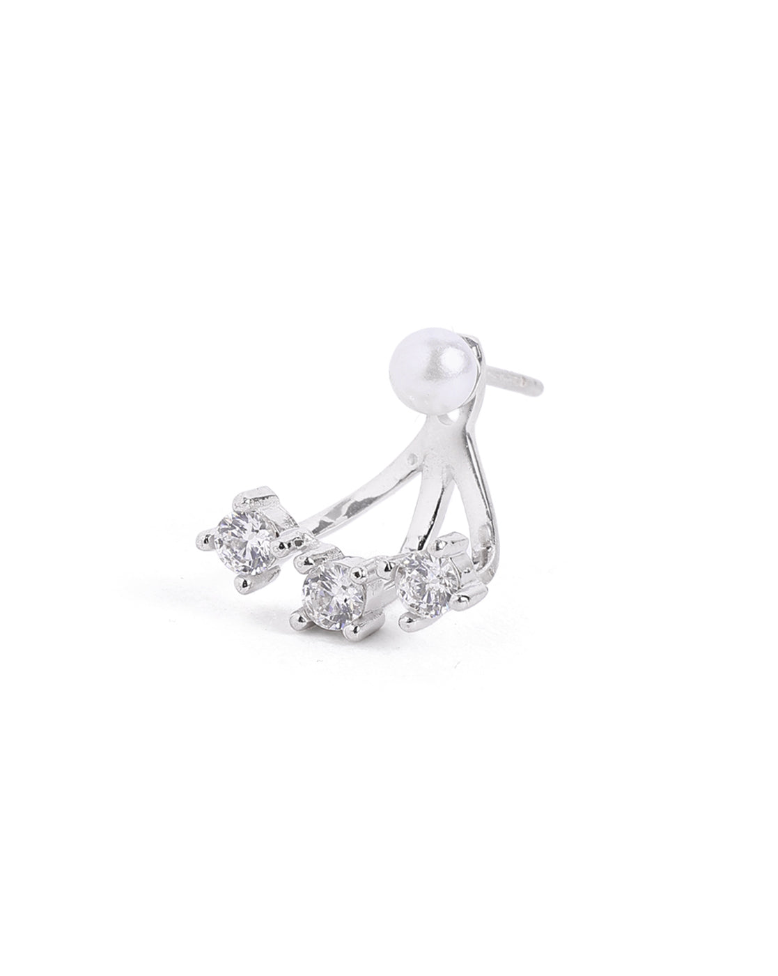 Rhodium Plated CZ Pearl Ear Jacket Earring