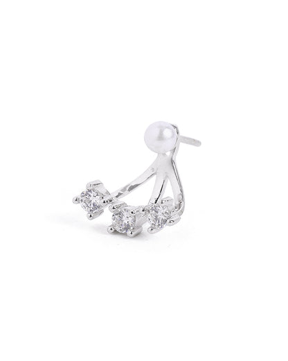 Rhodium Plated CZ Pearl Ear Jacket Earring