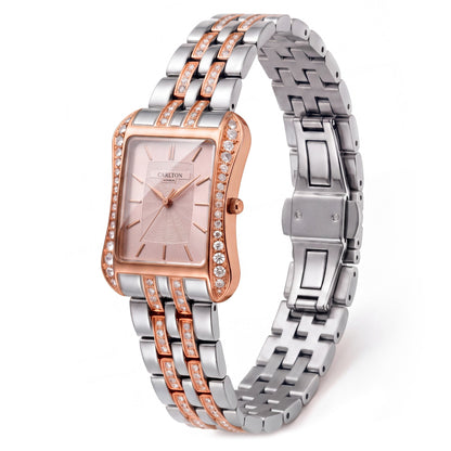 Carlton London Vivienne Women’s Watch - Pink Rectangle Dial, Dual Tone Stainless Steel Strap - CLVVDPNK