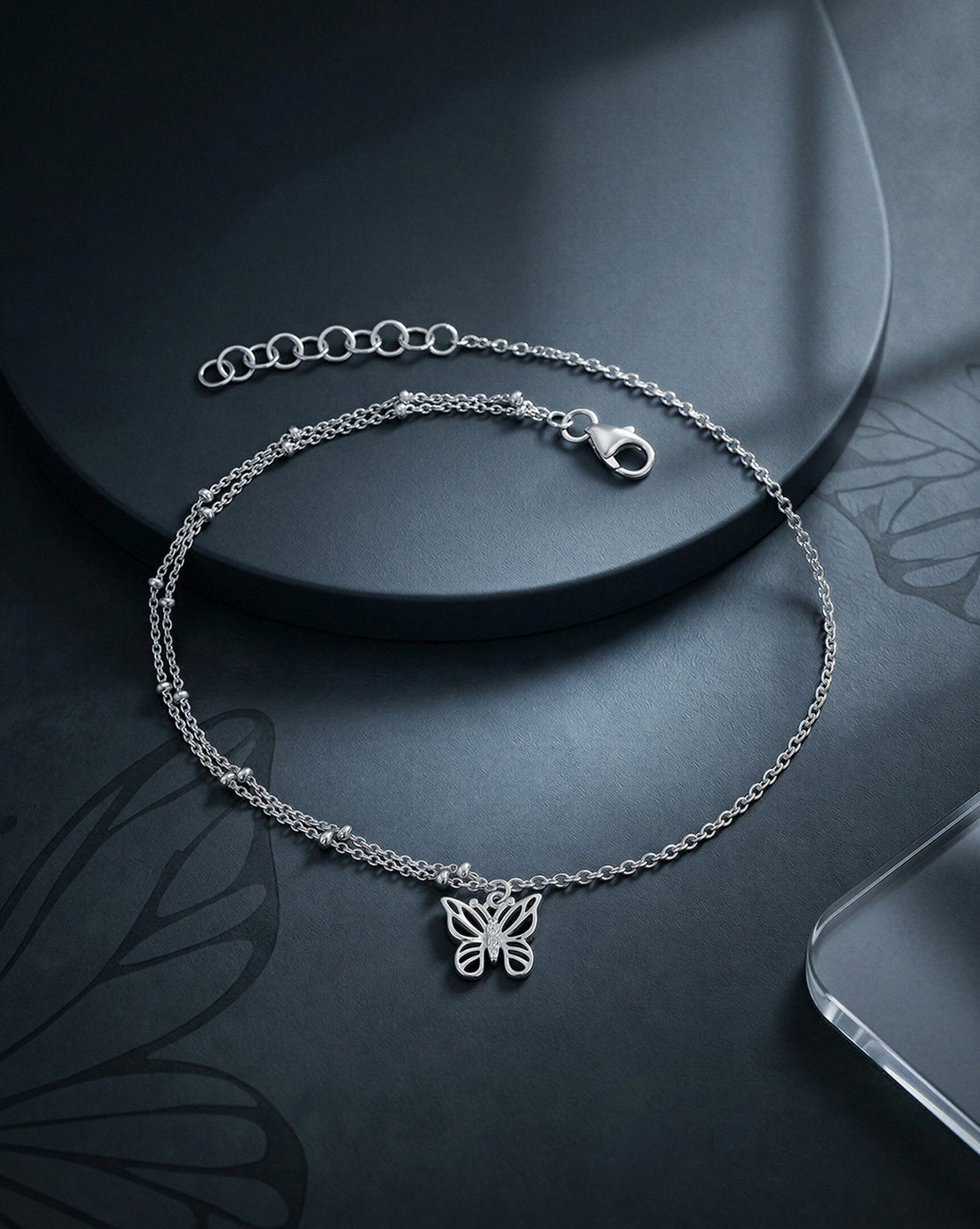 Rhodium Plated Double Chain Butterfly Charm Anklet