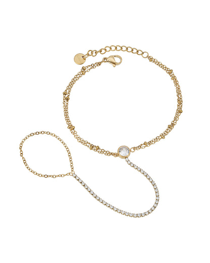 Premium Gold Plated Dainty CZ Studded with Solitaire Hand Chain Bracelet