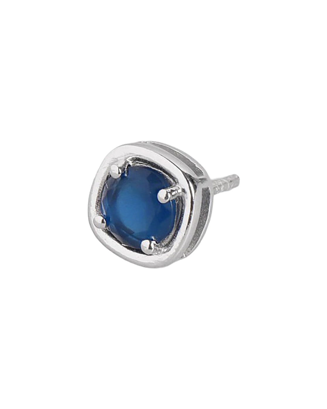 Rhodium Plated Elegant Sapphire Blue Cushion Solitaire Stud Earring