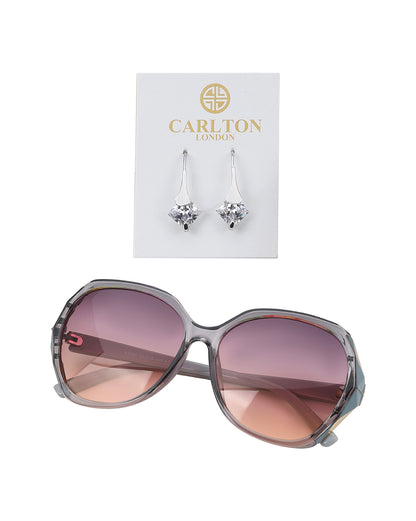 Women Grey Toned UV Protected Sunglasses &amp; Rhodium Plated Solitaire Drop Earring Set