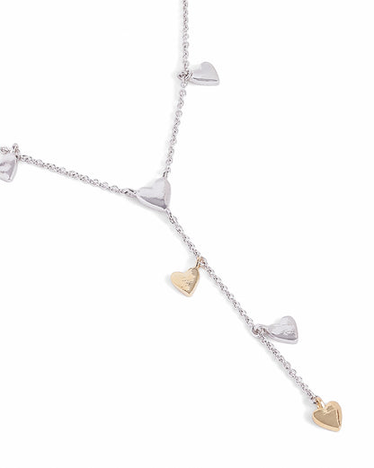 Rhodium &amp; 18kt Gold Plated Dangling Heart Charm Y-Necklace Lariat