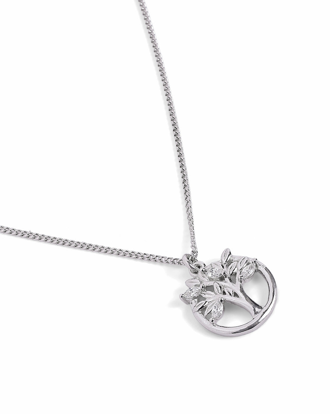 Rhodium Plated CZ Tree of Life Pendant and Chain Necklace