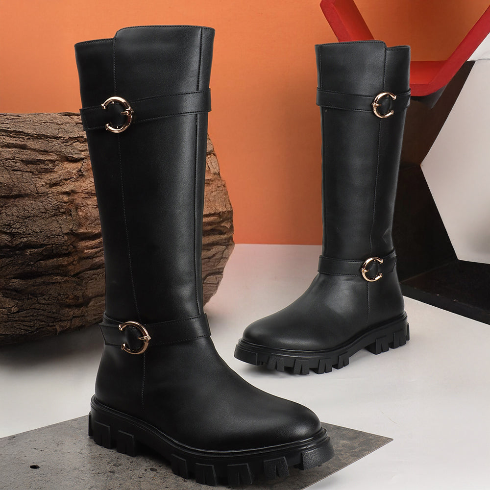 Women Block-Heeled Buckle Detail Winter Long  Boots