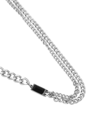 Men Silver Plated CZ Layered Curb Link Chain Necklace