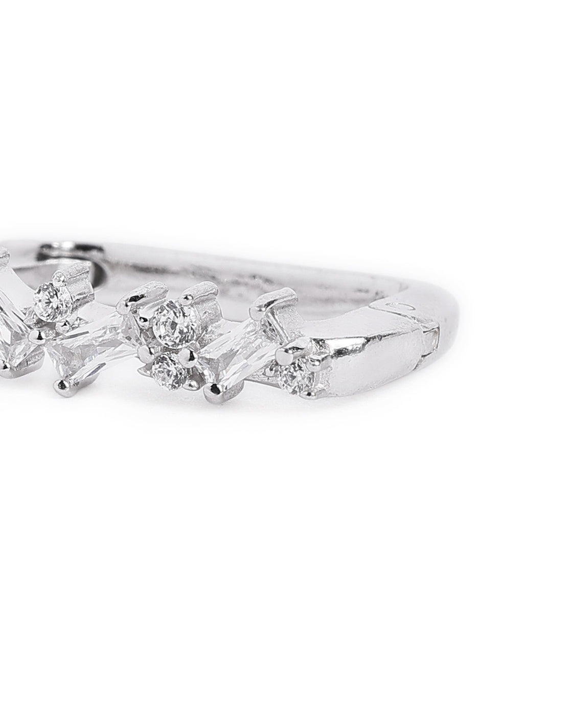 Rhodium Plated Studded Square Hoop Earring with Baguette CZ