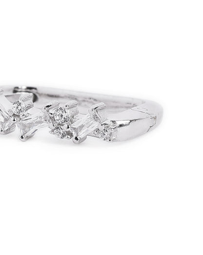 Rhodium Plated Studded Square Hoop Earring with Baguette CZ