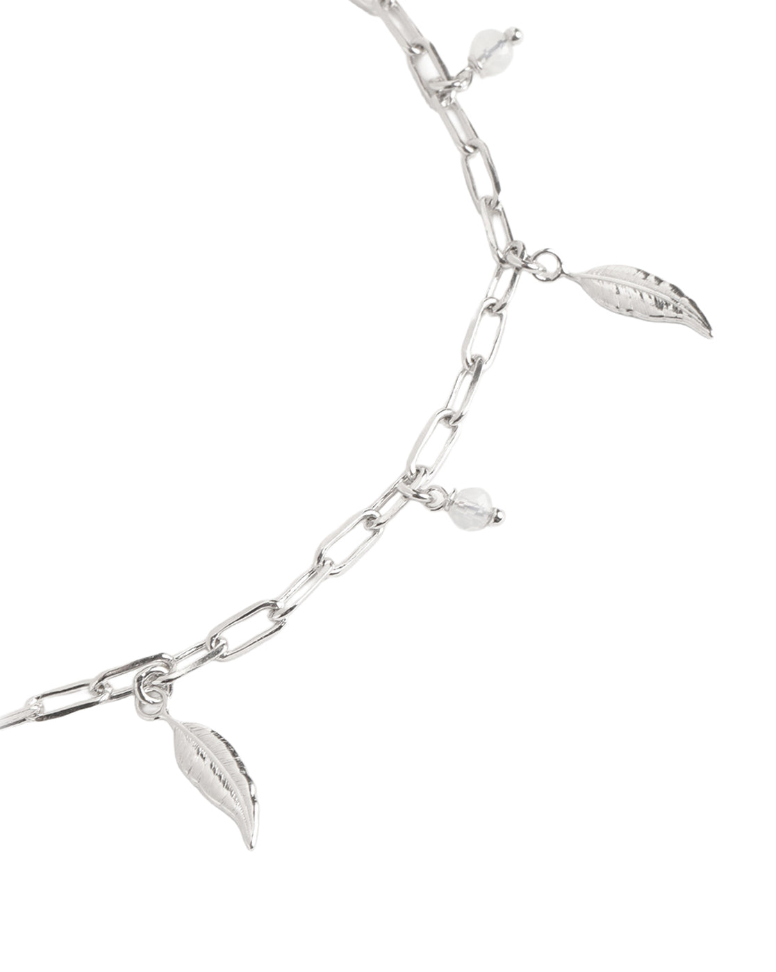 Rhodium Plated Dainty Leaf &amp; Crystal Charm with Paperclip Adjustable Chain Anklet