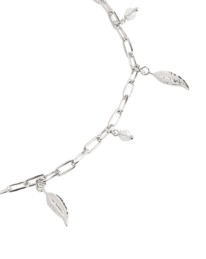 Rhodium Plated Dainty Leaf &amp; Crystal Charm with Paperclip Adjustable Chain Anklet