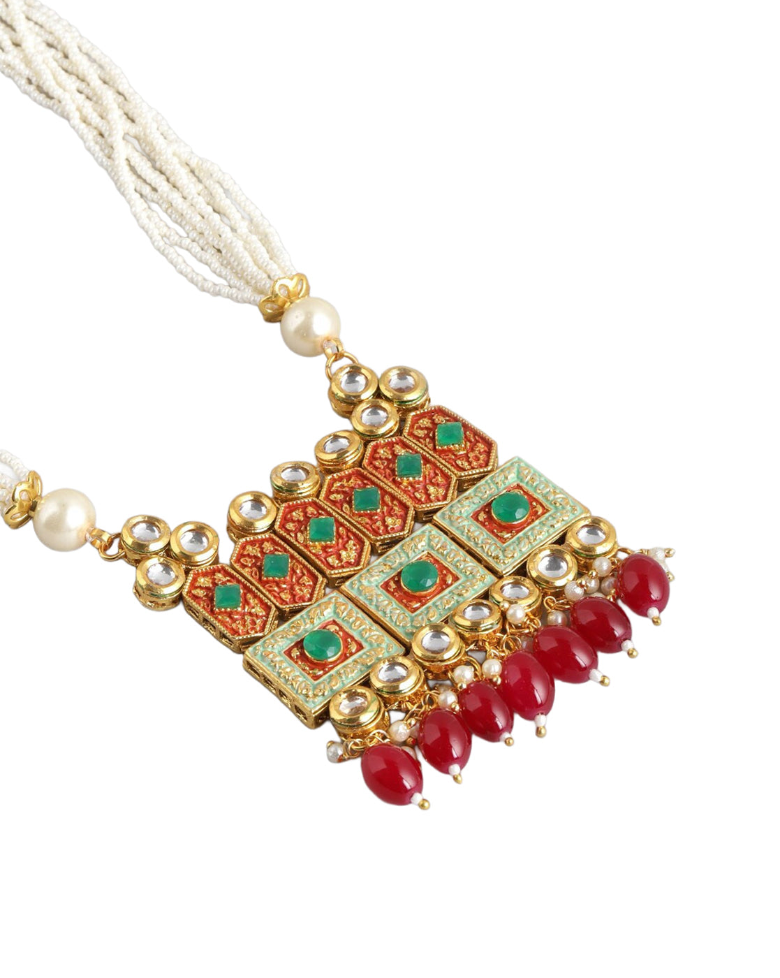 Gold Plated Kundan and Ethnic Pearl Multi-Strand Necklace and Earring Set