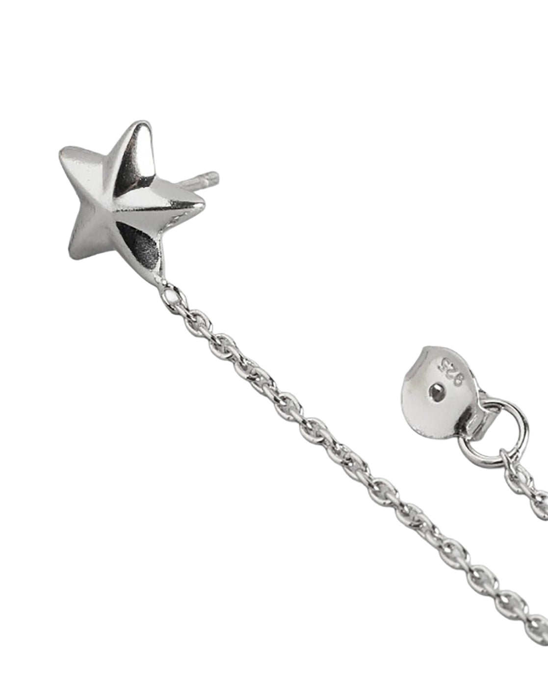 925 Sterling Silver Rhodium Plated Star Stud with Chain Mismatch Earring