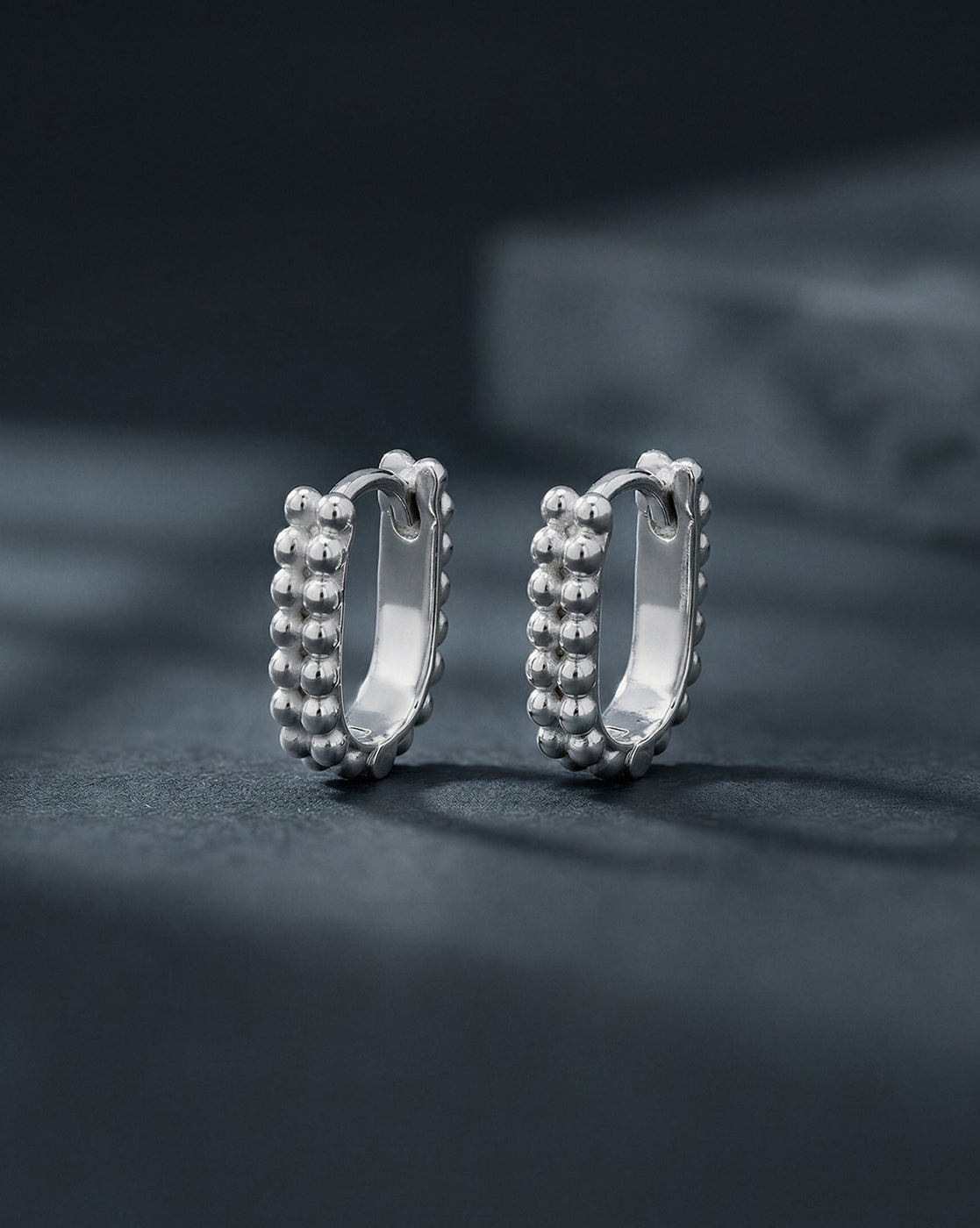 Rhodium Plated Oval Beaded Mini Hoop Earring
