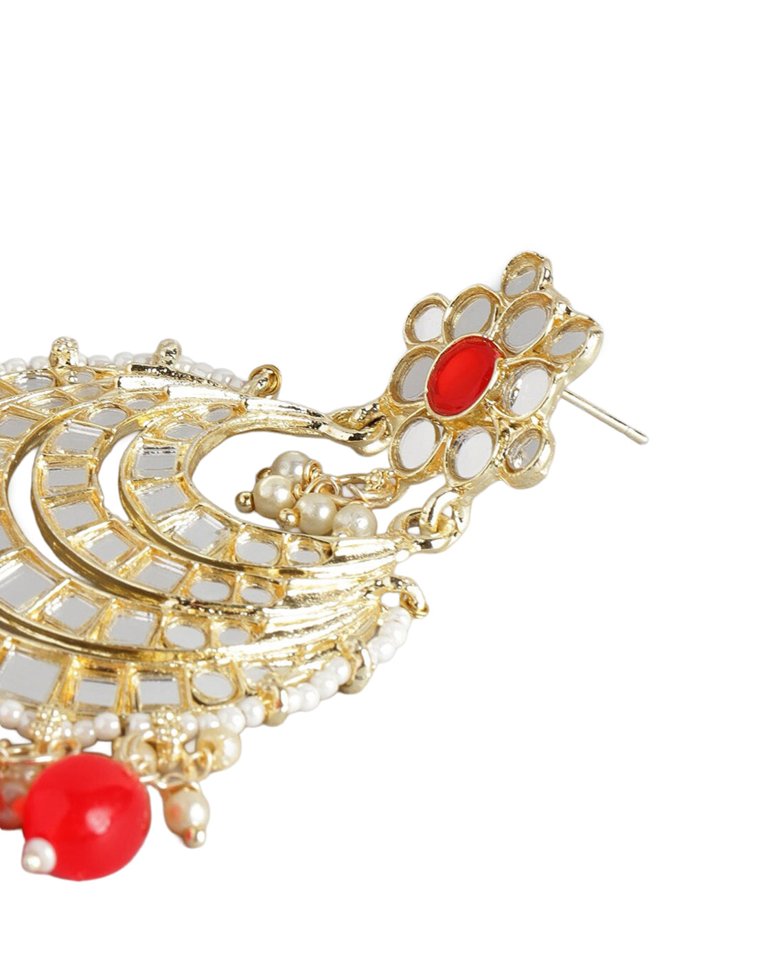 Gold Plated Mirror-Detail Layered Chandbali Earrings with Red Bead Drops