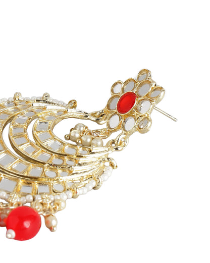 Gold Plated Mirror-Detail Layered Chandbali Earrings with Red Bead Drops