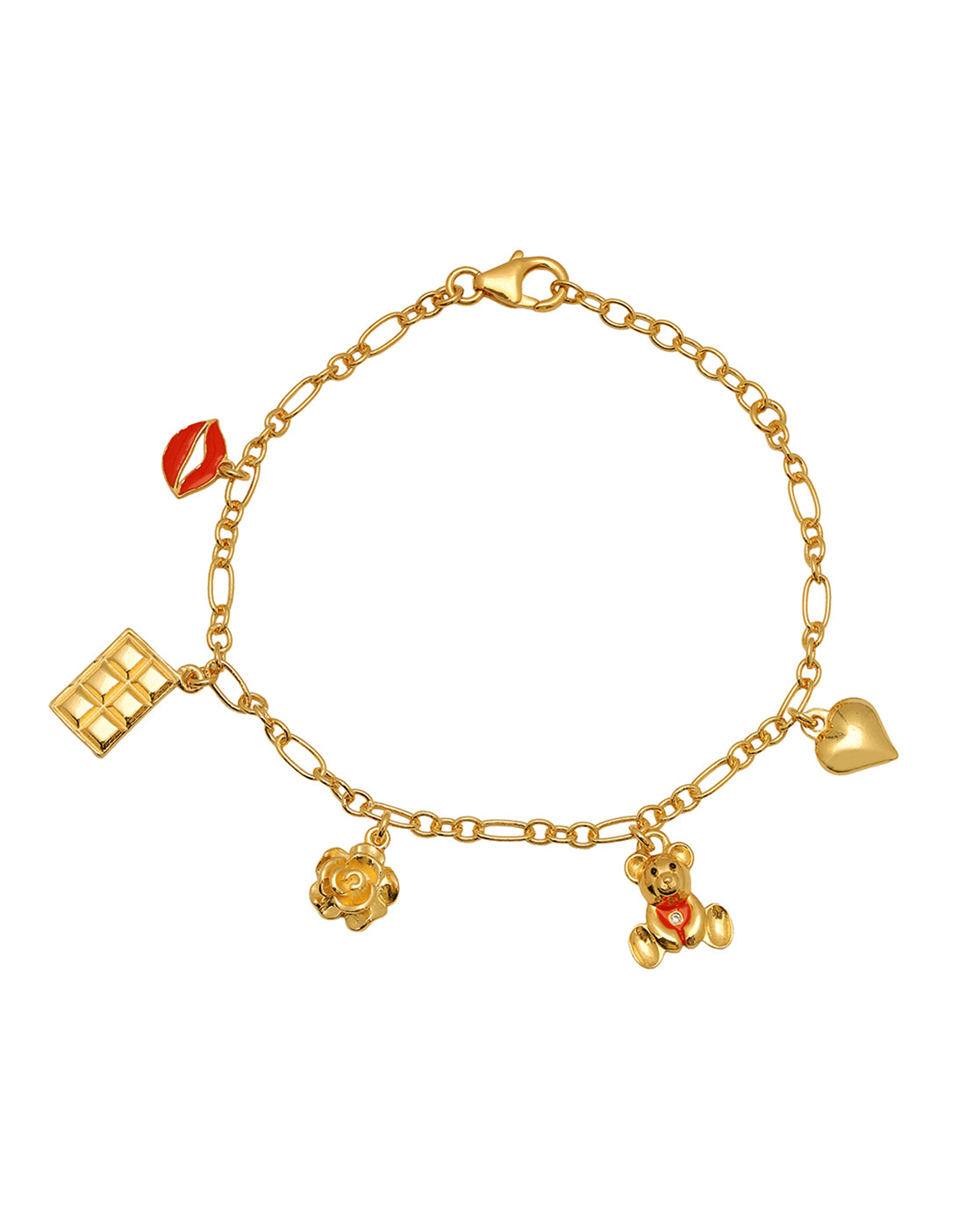 18kt Gold Plated Dangling Floral Teddy Heart Charm Enamel Bracelet