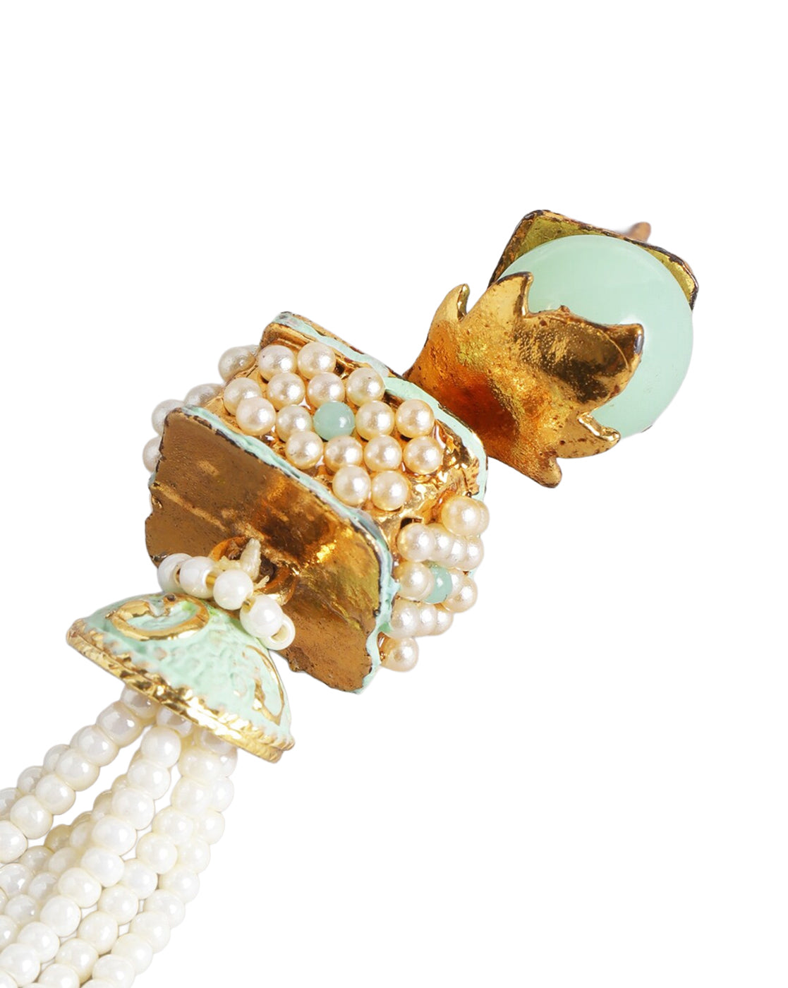 Gold Plated Enamel Green Stone &amp; Pearl Tassel Drop Earring