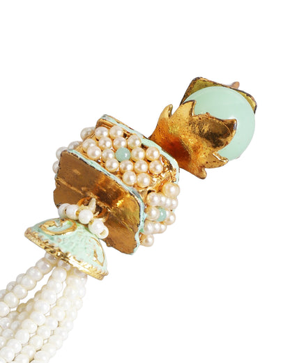 Gold Plated Enamel Green Stone &amp; Pearl Tassel Drop Earring