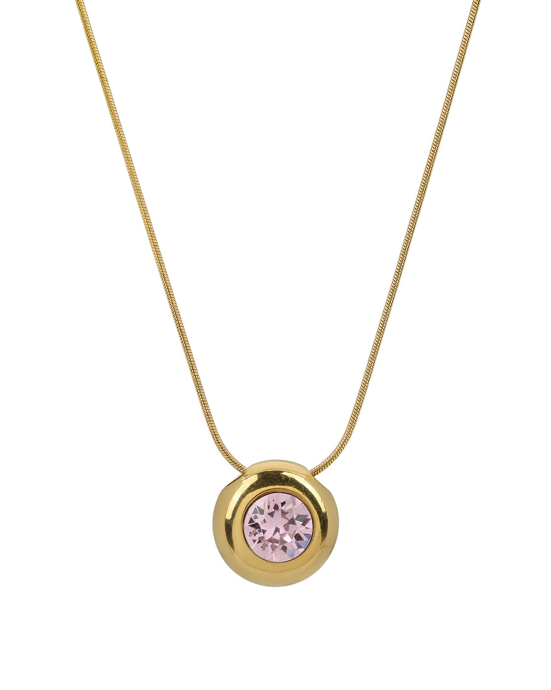 Gold Plated Pink Solitaire Studded Round Pendant and Snake Chain