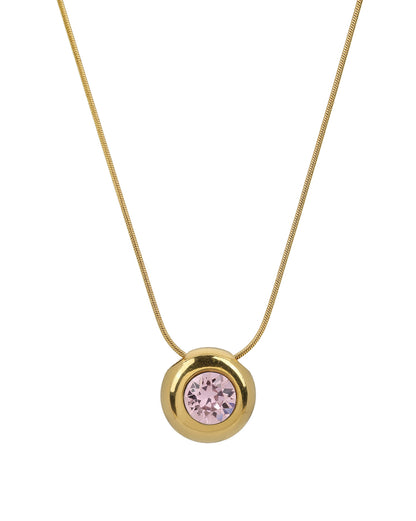 Gold Plated Pink Solitaire Studded Round Pendant and Snake Chain