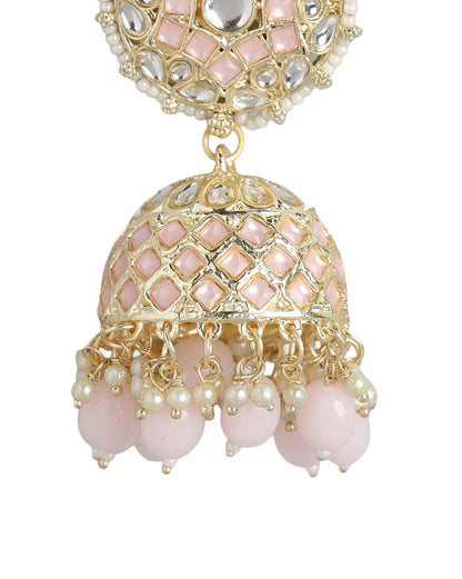 Gold Plated Kundan Studded Dome Jhumka Earring with Pink Bead Drops