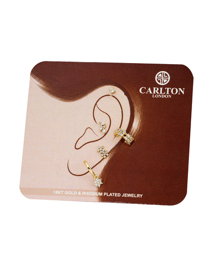 Gold Plated Designer Stud, Cuff &amp; Mini Hoop with CZ Piercing Set