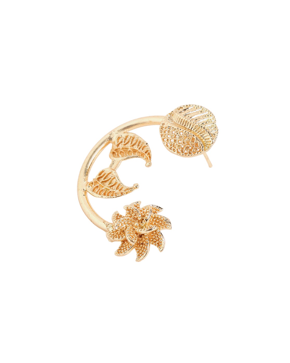 Gold Plated Textured Crescent Moon Drop Floral Earrings